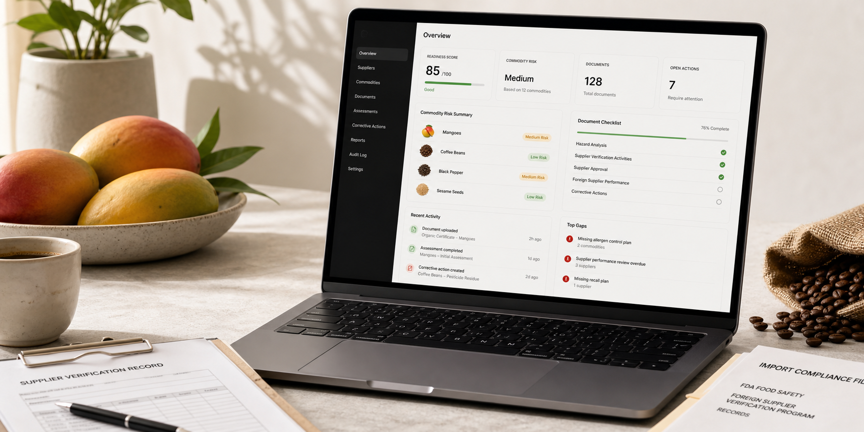 Laptop showing a supplier verification dashboard with imported food commodities and compliance records